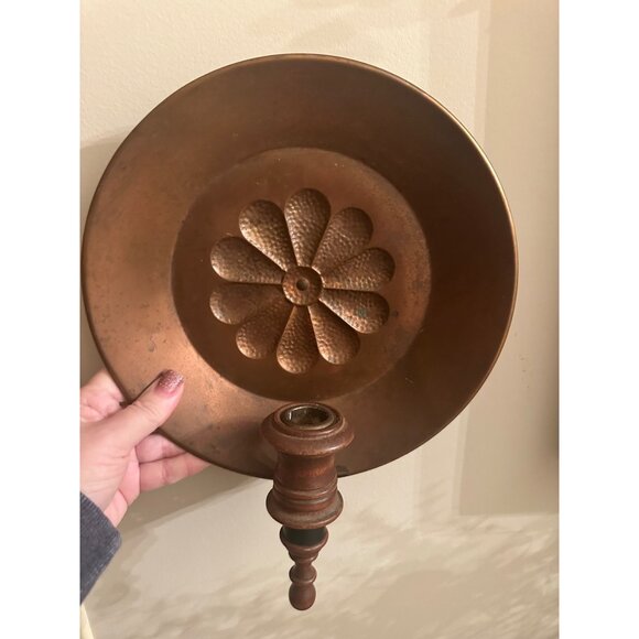 Vintage Copper & Wood Candle Holder With Flower Motif Primitive Decor - Picture 7 of 9